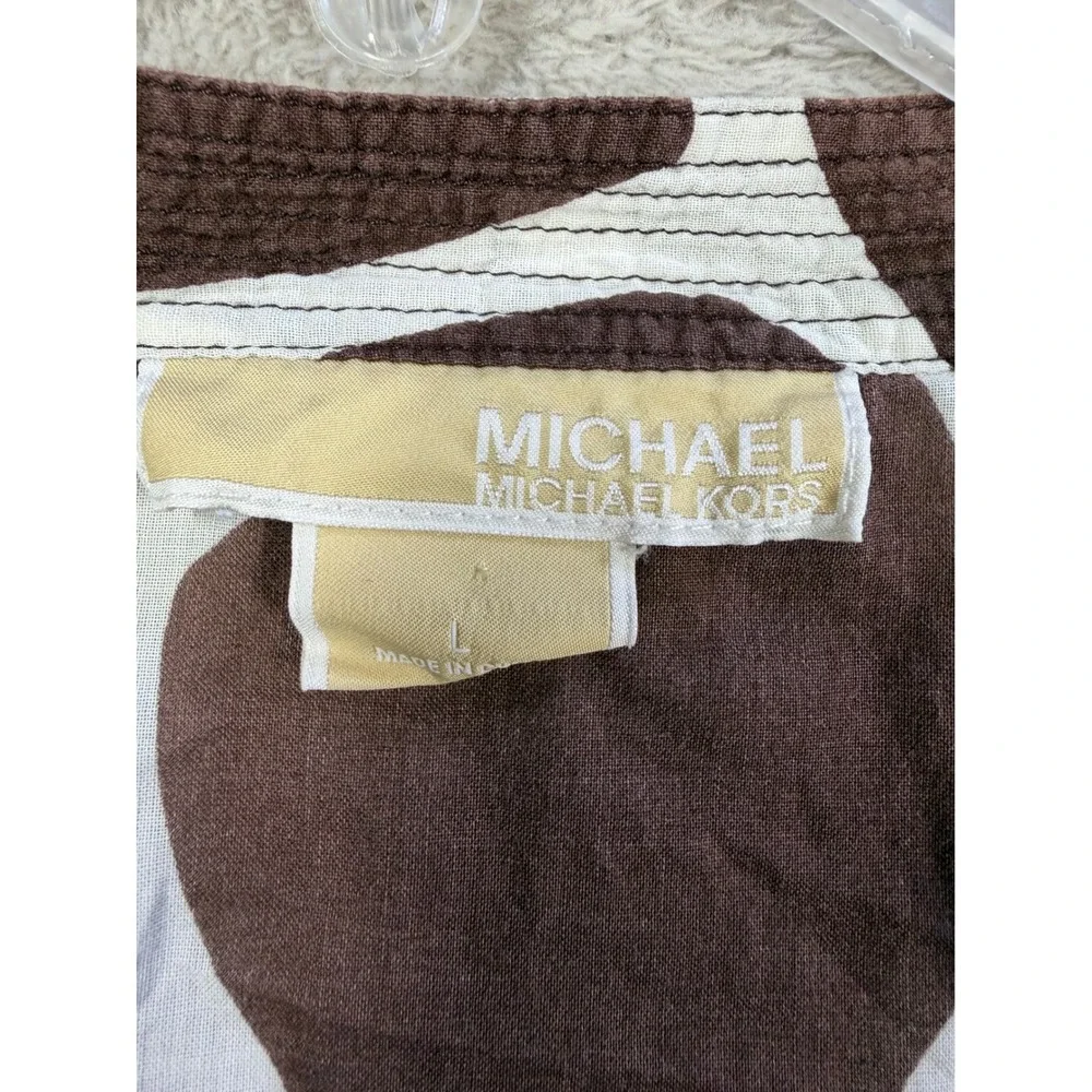 Michael Kors Tunic Blouse Womens L Brown Giraffe Print Cotton V-Neck Top